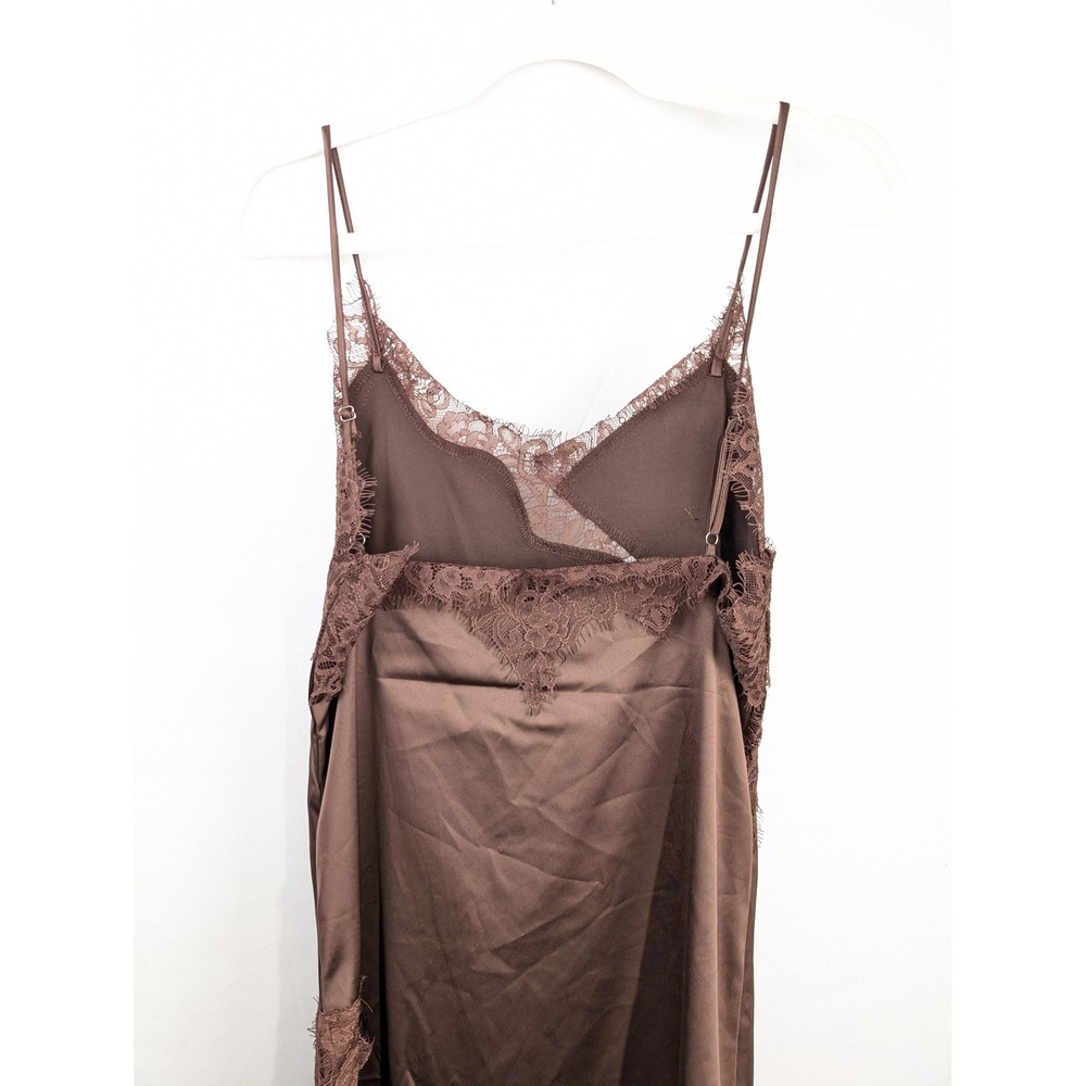 Asymmetrical Satin Lace Babydoll Slip Dress Sz S Chocolate Brown Fairy Indie Y2K - Picture 6 of 9